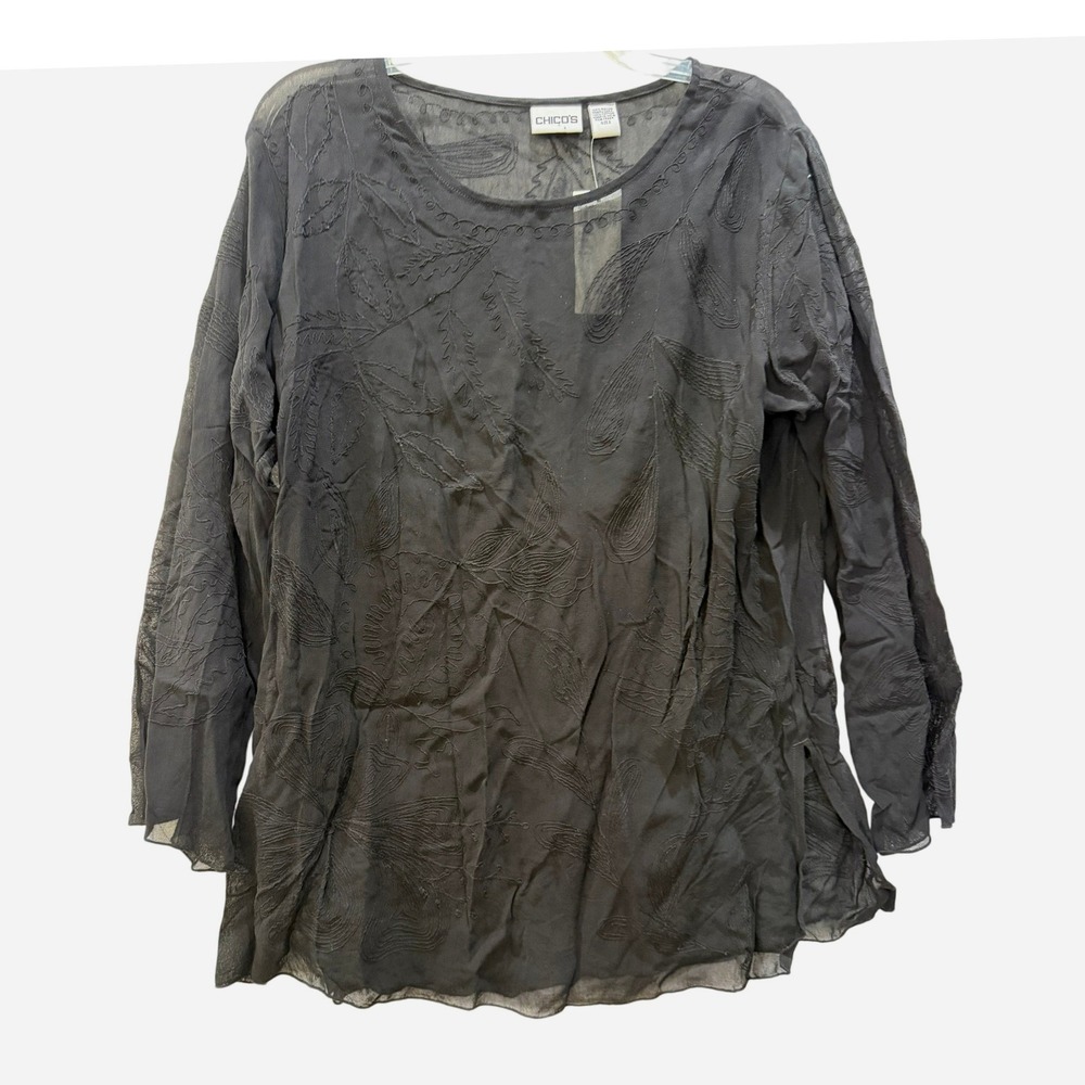 Chico's Gloria Dari Black Sheer Embroidered Long Sleeve Top Blouse Size 2 Large